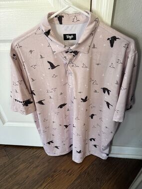 Waggle Men’s Light Pink Polo with Flying Bird Print Firestone Country Club